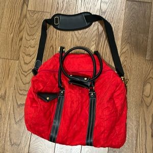 Red Duffle Bag with Black and Gold Handles